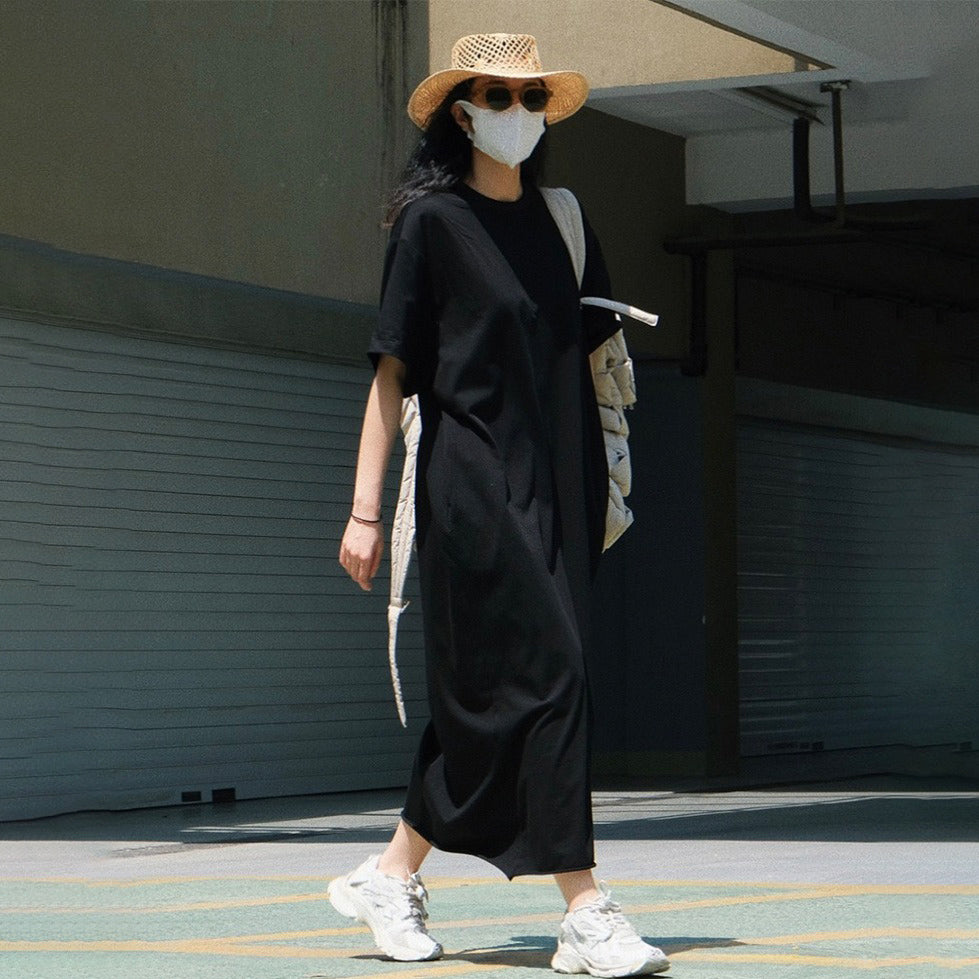 【ワンピース】夏新作 ゆったりシルエット 着痩せ効果 韓国風 カジュアル スポーティー 半袖Tシャツワンピース【JZシリーズ】