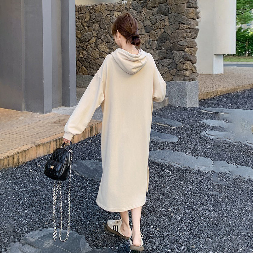 【ワンピース】高級感 韓国風  オフホワイト フード付き長袖ワンピース おしゃれ ゆったりスウェットロングワンピース【JZシリーズ】