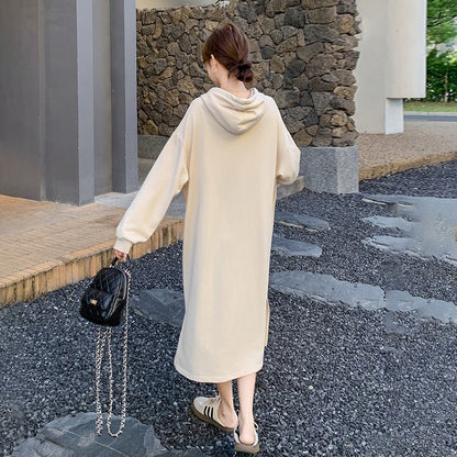 【ワンピース】高級感 韓国風  オフホワイト フード付き長袖ワンピース おしゃれ ゆったりスウェットロングワンピース【JZシリーズ】