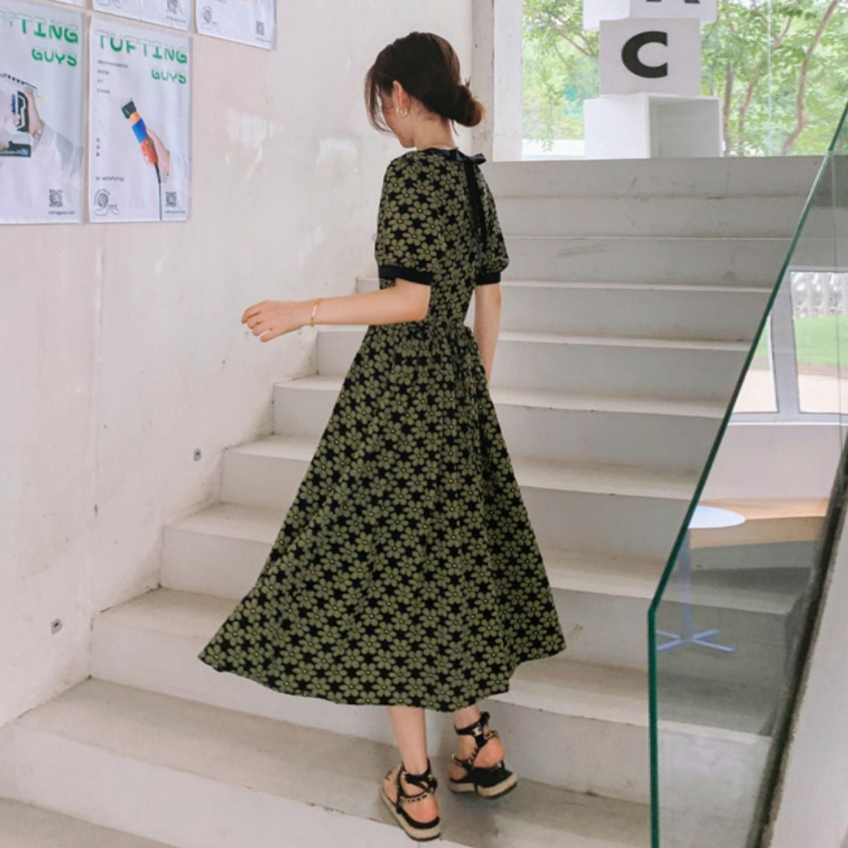 【ワンピース】フレンチシフォン 花柄 半袖ワンピース 高級感 美しい  気品 ロングドレス【SHシリーズ】