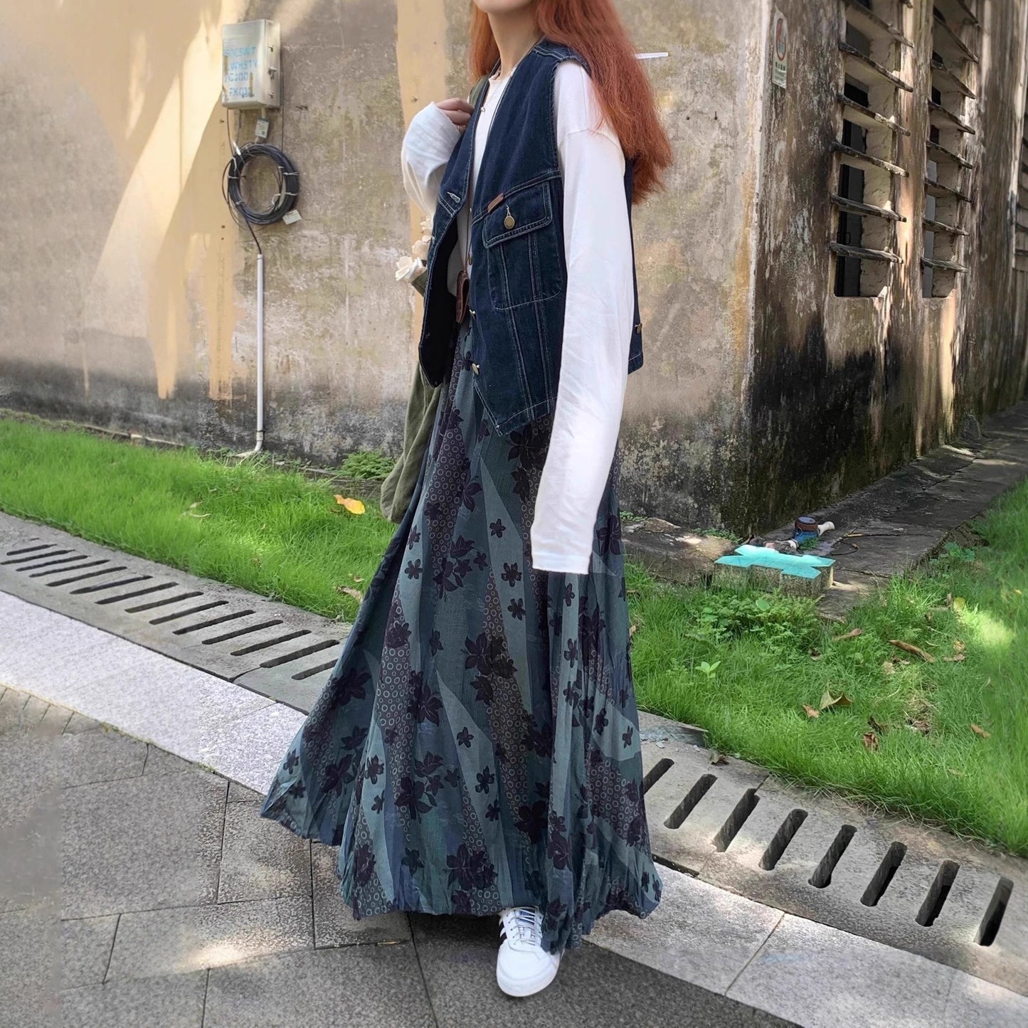 【ボトムス】レトロ配色 花柄プリント スカート ハイウエスト 秋新作 カジュアル フェミニン【SHシリーズ】