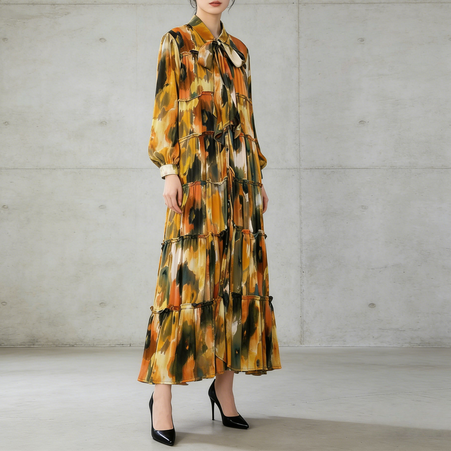 【ワンピース】プリントVネック お腹周りカバー フリル 長袖 ワンピース 【SHシリーズ】