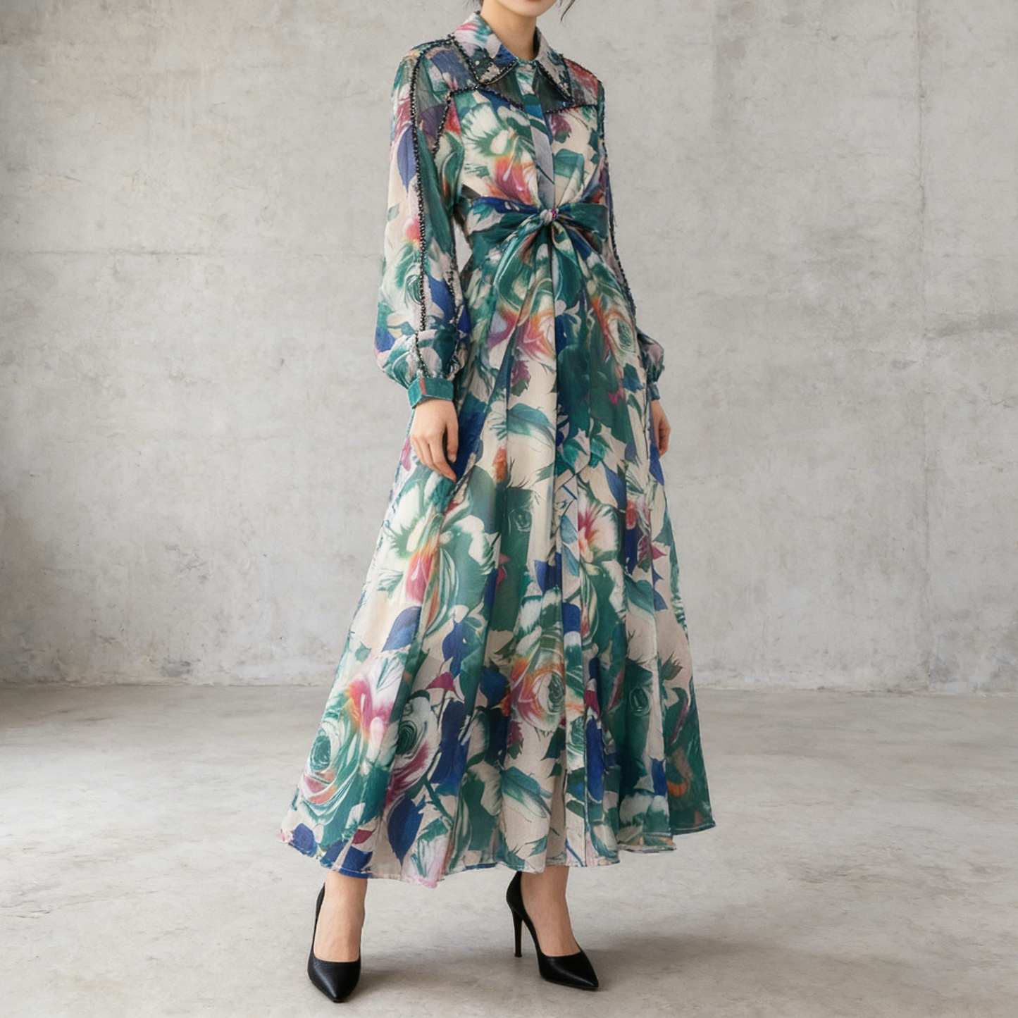 【ワンピース】フレンチエレガント ビジュー装飾 長袖 襟付き ウエストマーク 体型カバー 花柄 フレア ロングワンピースレディース
【SHシリーズ】