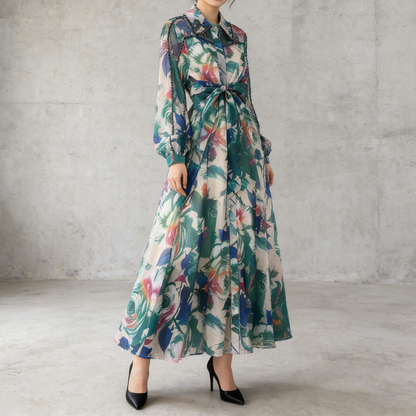 【ワンピース】フレンチエレガント ビジュー装飾 長袖 襟付き ウエストマーク 体型カバー 花柄 フレア ロングワンピースレディース
【SHシリーズ】