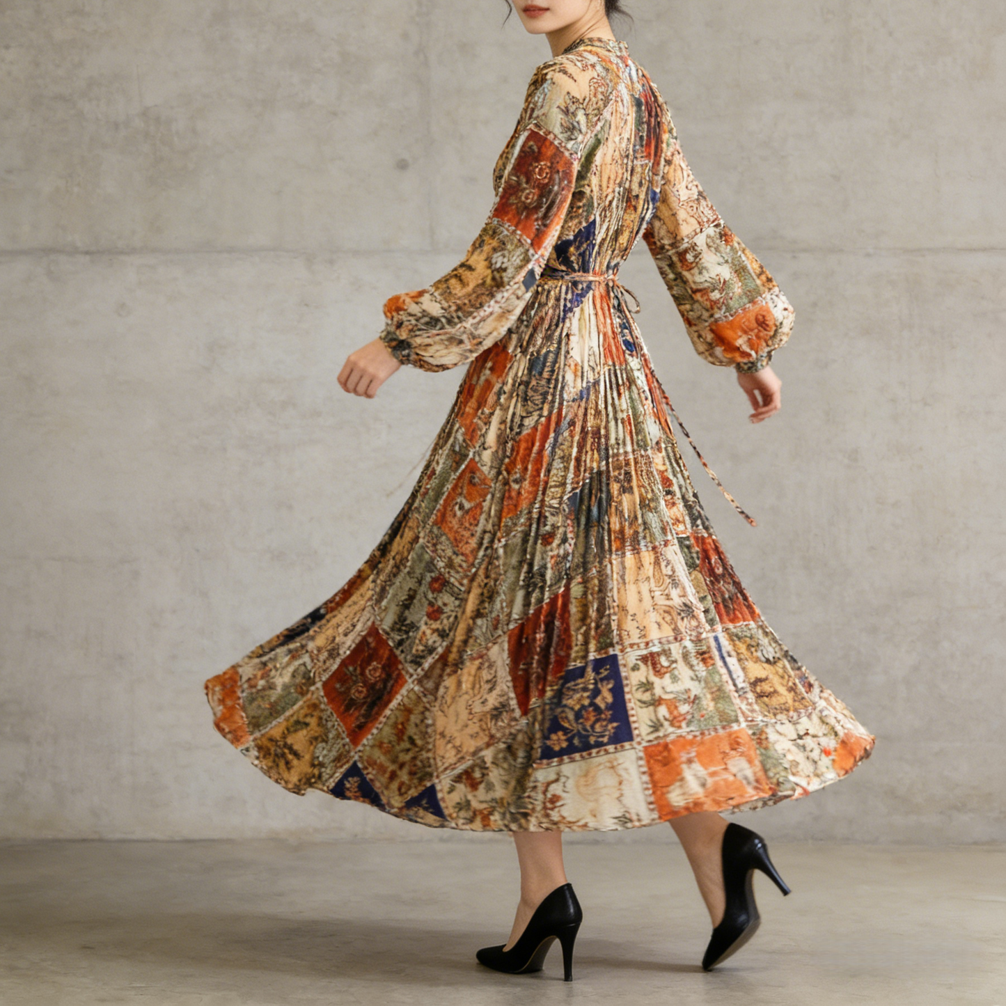 【ワンピース】ラウンドネック サテン プリント プリーツ 長袖 ワンピース 【SHシリーズ】