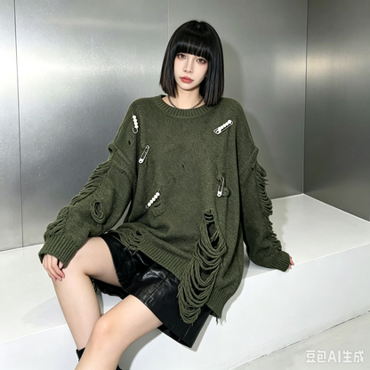 【トップス】パールピン付きダメージニット レディース 秋冬新作 フリンジ ゆったり ドロップショルダー モード セーター【JZシリーズ】