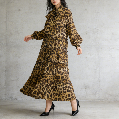 【ワンピース】プリントVネック お腹周りカバー フリル 長袖 ワンピース 【SHシリーズ】