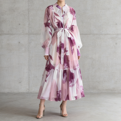 【ワンピース】5カラー フレンチレトロ 花柄ワンピース 長袖 ウエストマーク ゆったり着痩せ ロング丈 上品エレガント 万能ワンピ【SHシリーズ】