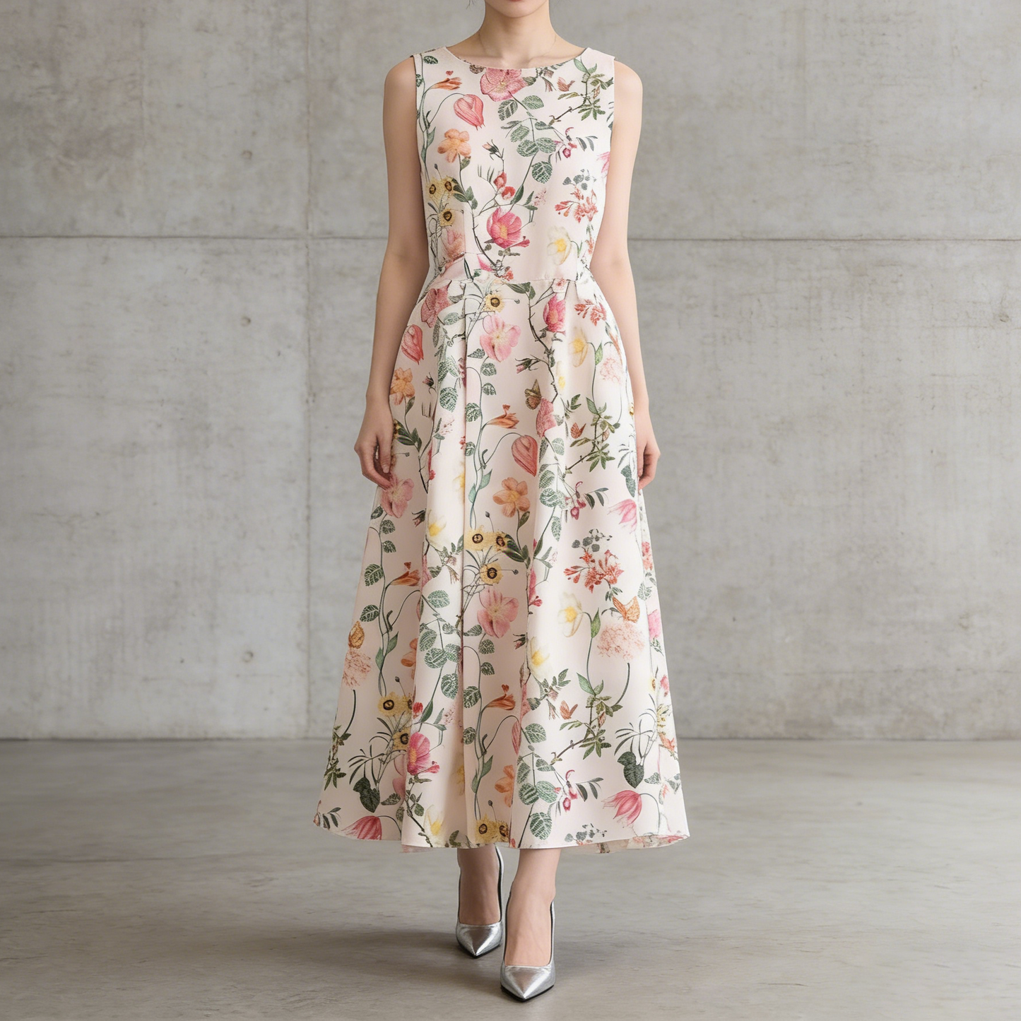 ✨パーティー・お呼ばれ【ワンピース】 花柄ノースリーブワンピース ウエストマーク フレアロングドレス【SHシリーズ】