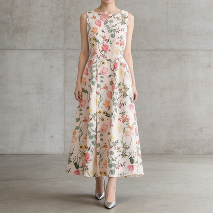 ✨パーティー・お呼ばれ【ワンピース】 花柄ノースリーブワンピース ウエストマーク フレアロングドレス【SHシリーズ】