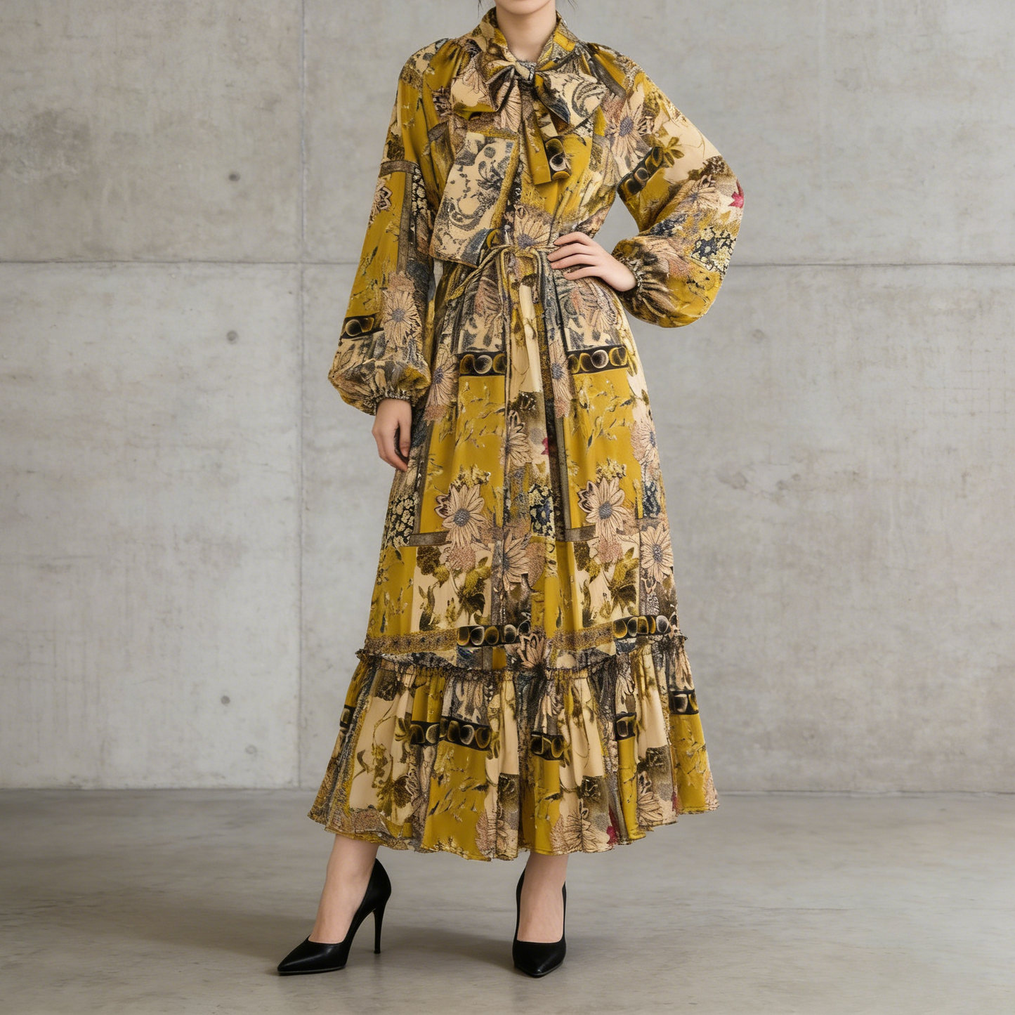 【ワンピース】レトロ風 長袖 リボン付き ウエストマーク Aライン 花柄プリント ランタンスリーブ ワンピース エレガント ロングワンピース レディース【SHシリーズ】