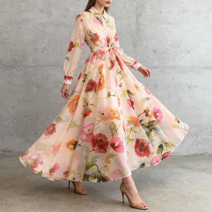 【ワンピース】長袖 花柄ワンピース 襟付き ウエストリボン フレアロング アシンメトリー 着痩せ エレガント リゾートワンピ【SHシリーズ】