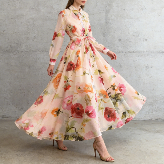 【ワンピース】長袖 花柄ワンピース 襟付き ウエストリボン フレアロング アシンメトリー 着痩せ エレガント リゾートワンピ【SHシリーズ】