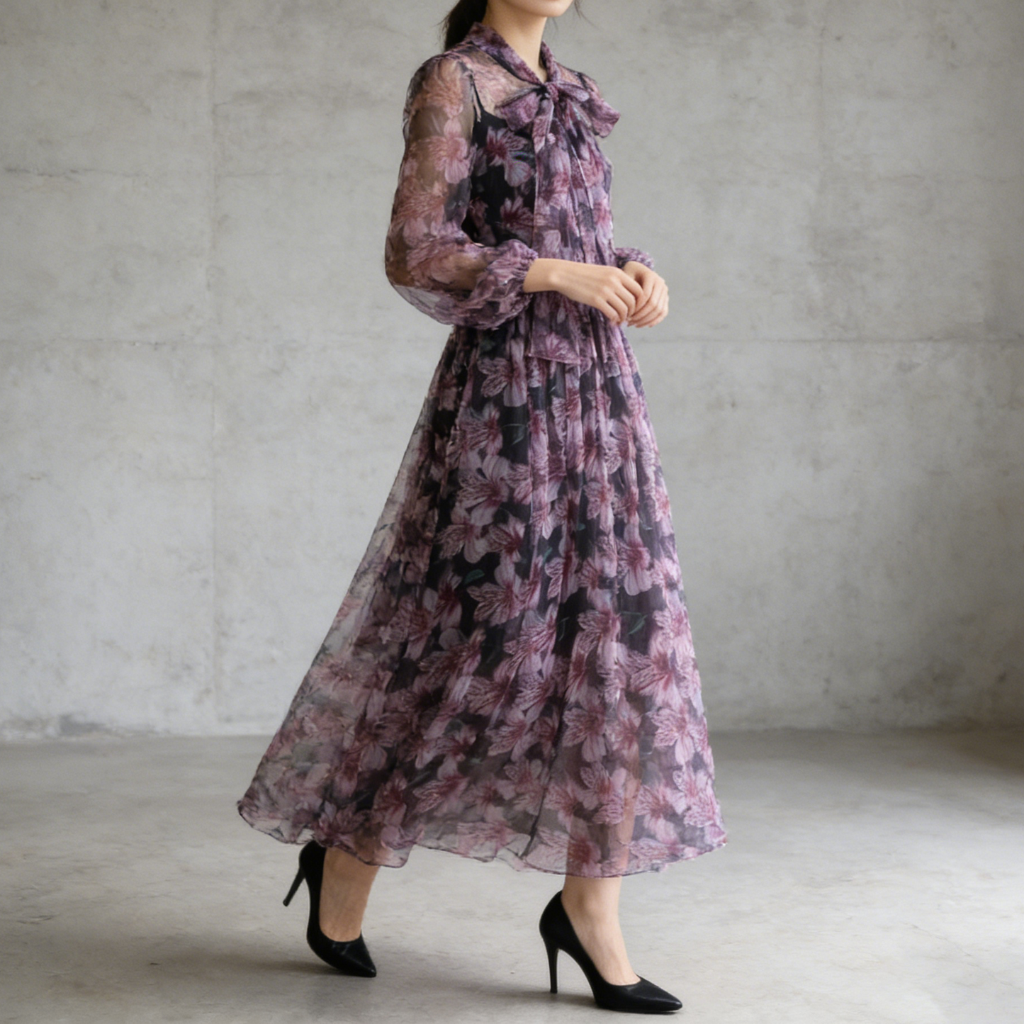 【ワンピース】花柄シリーズ シフォンワンピース 軽やか 薄手 ふんわりロング エレガント 大人可愛い 長袖 リゾートワンピ【SHシリーズ】