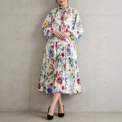【60%OFF⭐️早い者勝ち】【ワンピース】クラシカル バルーンスリーブ フレンチ リボン付き 花柄 プリント 長袖 ワンピース【SHシリーズ】