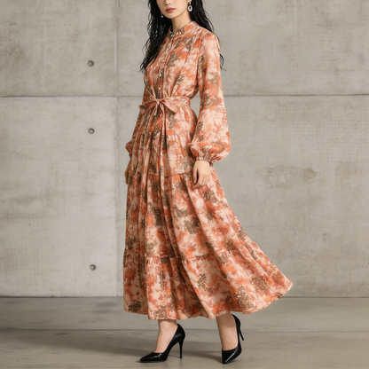 【ワンピース】シフォン フェミニン ウエスト切り替え 長袖 ワンピース【SHシリーズ】