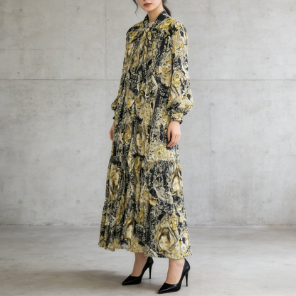 【ワンピース】プリントVネック お腹周りカバー フリル 長袖 ワンピース 【SHシリーズ】