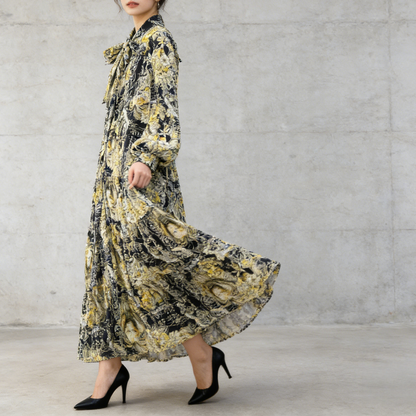 【ワンピース】プリントVネック お腹周りカバー フリル 長袖 ワンピース 【SHシリーズ】