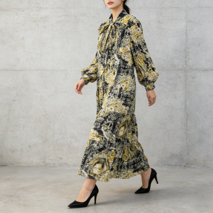 【ワンピース】プリントVネック お腹周りカバー フリル 長袖 ワンピース 【SHシリーズ】