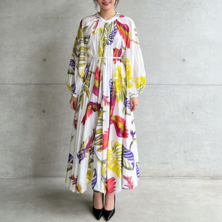 【ワンピース】前開き バルーンスリーブ タック入り フレア 長袖 ワンピース 【SHシリーズ】