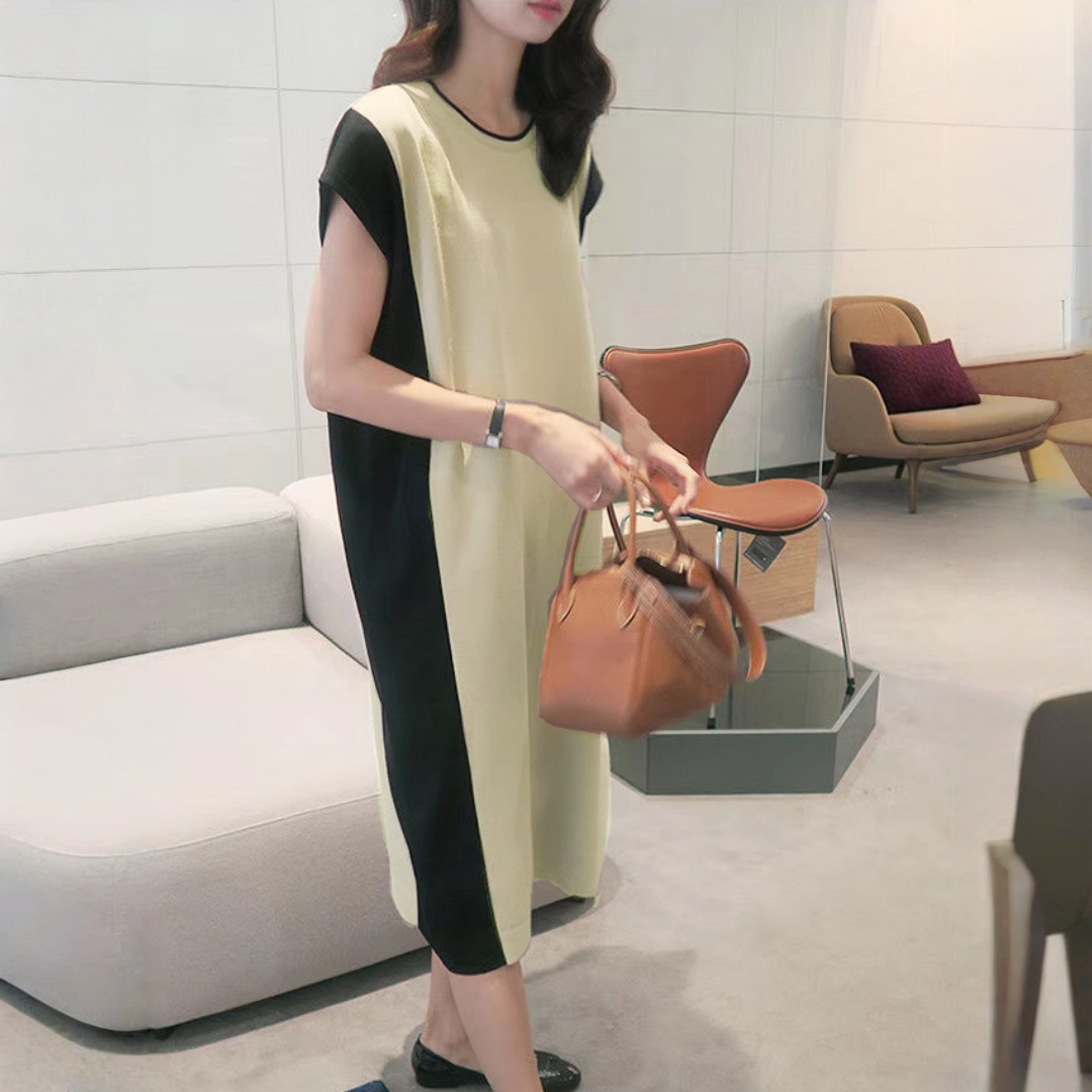 【ワンピース】夏 ゆったり 配色 韓国風 着痩せ 半袖ワンピース