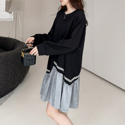 【ワンピース】 春秋冬 スウェット 配色 切り替え ゆったり 着痩せ 長袖ワンピース