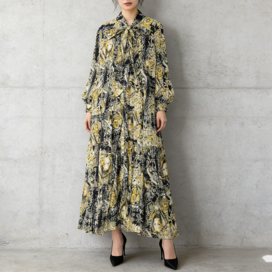 【ワンピース】プリントVネック お腹周りカバー フリル 長袖 ワンピース 【SHシリーズ】