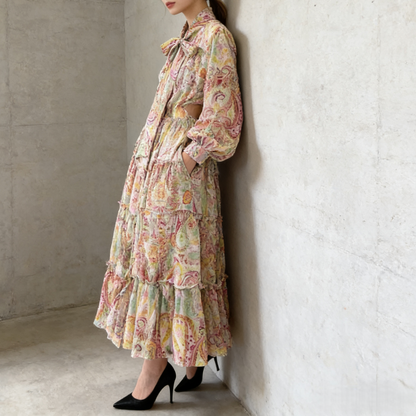 【ワンピース】シングルボタン プリント レディライク フレア 長袖 ワンピース 【SHシリーズ】