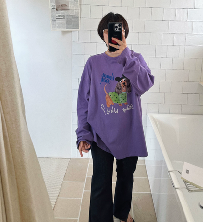 【トップス】レディース 犬プリントフード付き長袖Tシャツ ウォッシュ加工 韓国風 レトロ【FCシリーズ】
