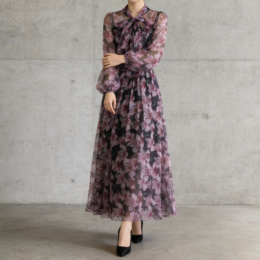 【ワンピース】花柄シリーズ シフォンワンピース 軽やか 薄手 ふんわりロング エレガント 大人可愛い 長袖 リゾートワンピ【SHシリーズ】