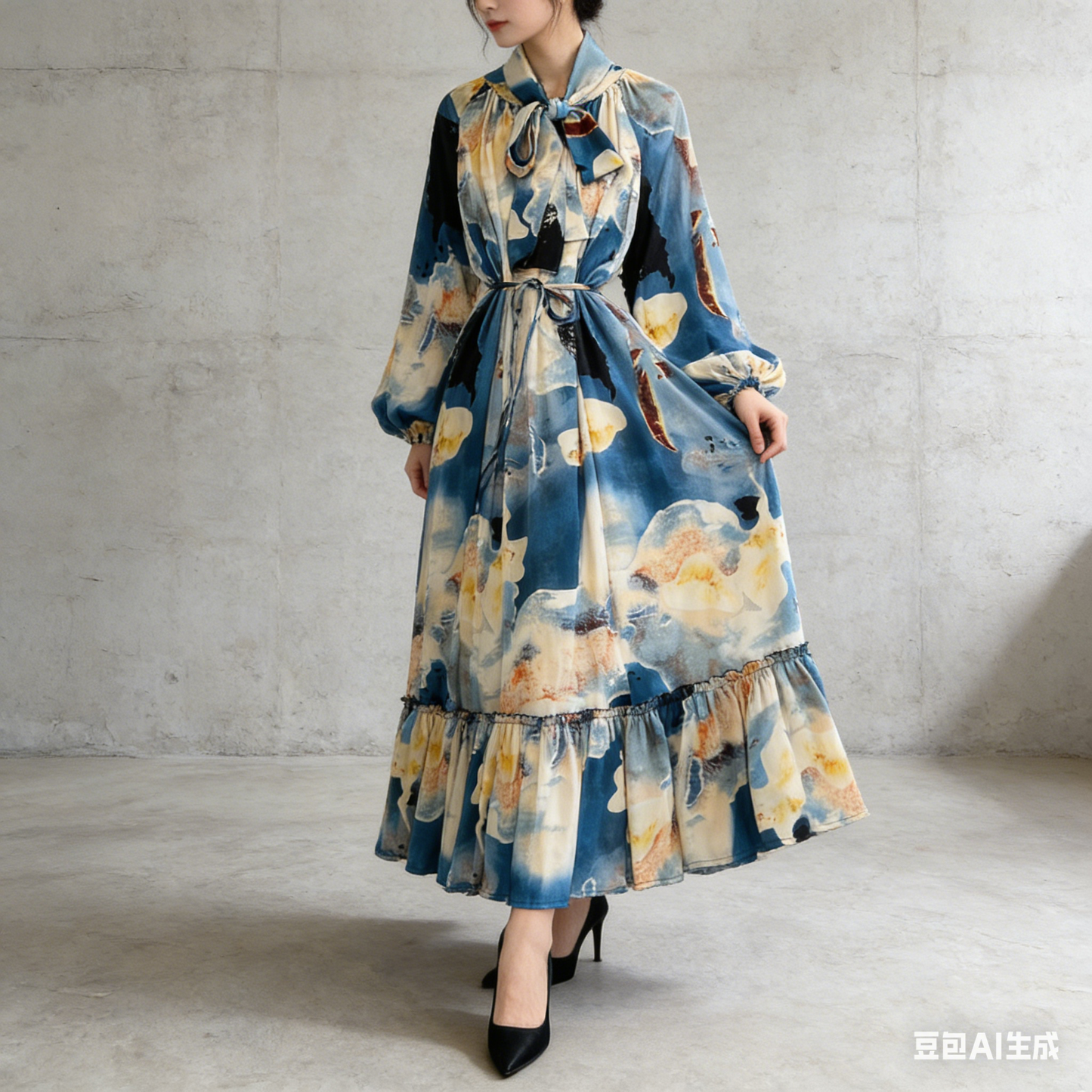 【60%OFF⭐️早い者勝ち】【ワンピース】リボン ウエストマーク Aライン フレア フリル プリント 長袖 ワンピース 【SHシリーズ】