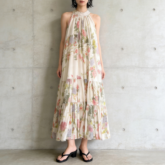 【ワンピース】リゾート ホルターネック バックオープン シフォン フレア ノースリーブ ビーチワンピース 【SHシリーズ】