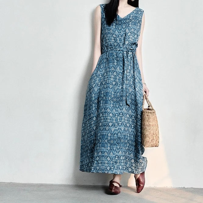 期間限定⭐️60%OFF【ワンピース】Vネック レトロ プリント ノースリーブ ワンピース 【SHシリーズ】