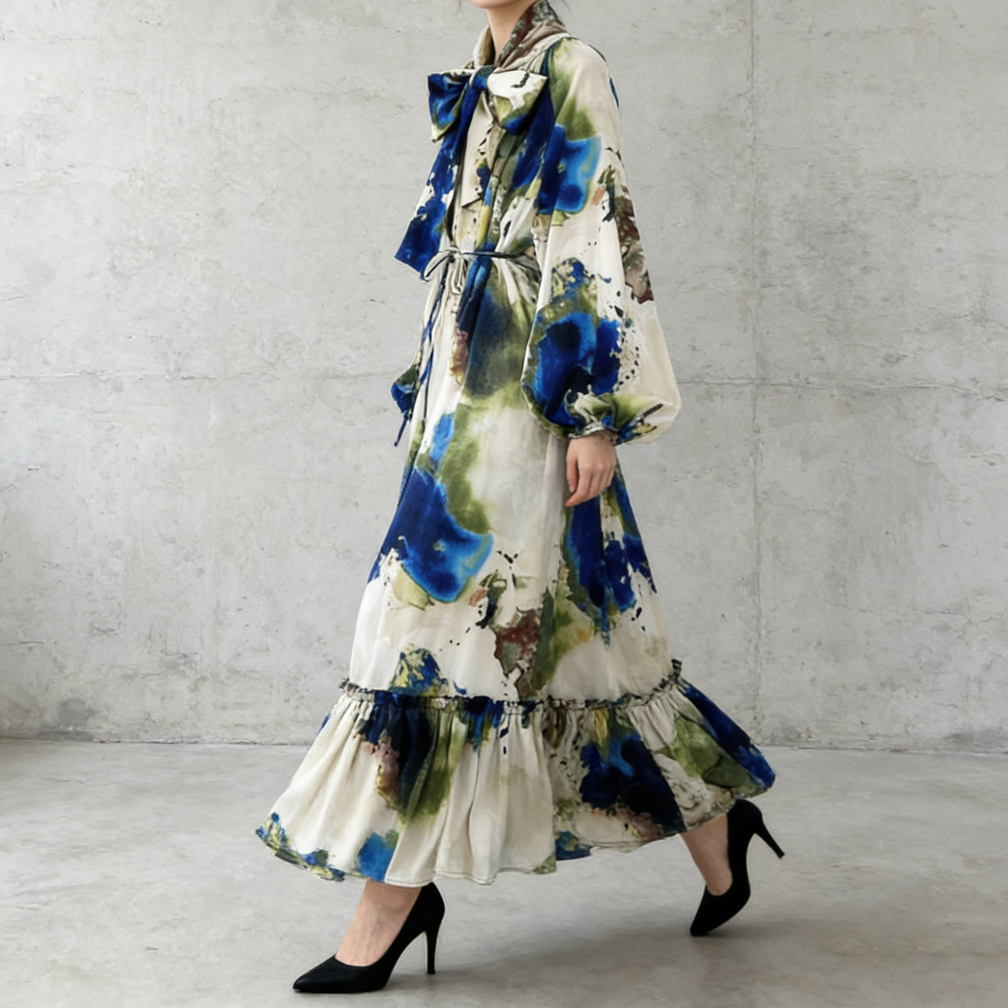 【ワンピース】レトロ風 長袖 リボン付き ウエストマーク Aライン 花柄プリント ランタンスリーブ ワンピース エレガント ロングワンピース レディース【SHシリーズ】