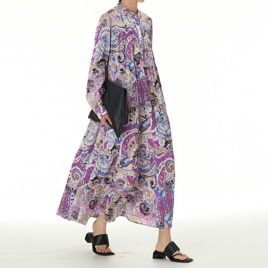 【ワンピース】春新作 ボヘミアン風 長袖 ティアードワンピース 大きいサイズ レディース ゆったり 体型カバー ロングワンピース【SHシリーズ】