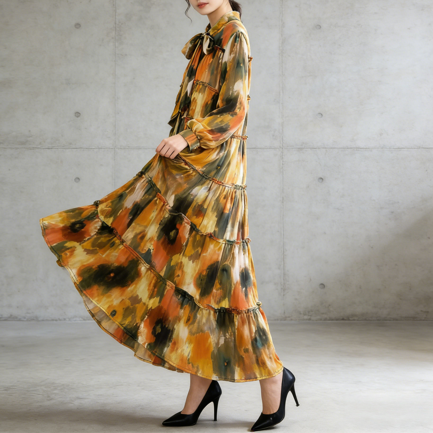 【ワンピース】プリントVネック お腹周りカバー フリル 長袖 ワンピース 【SHシリーズ】