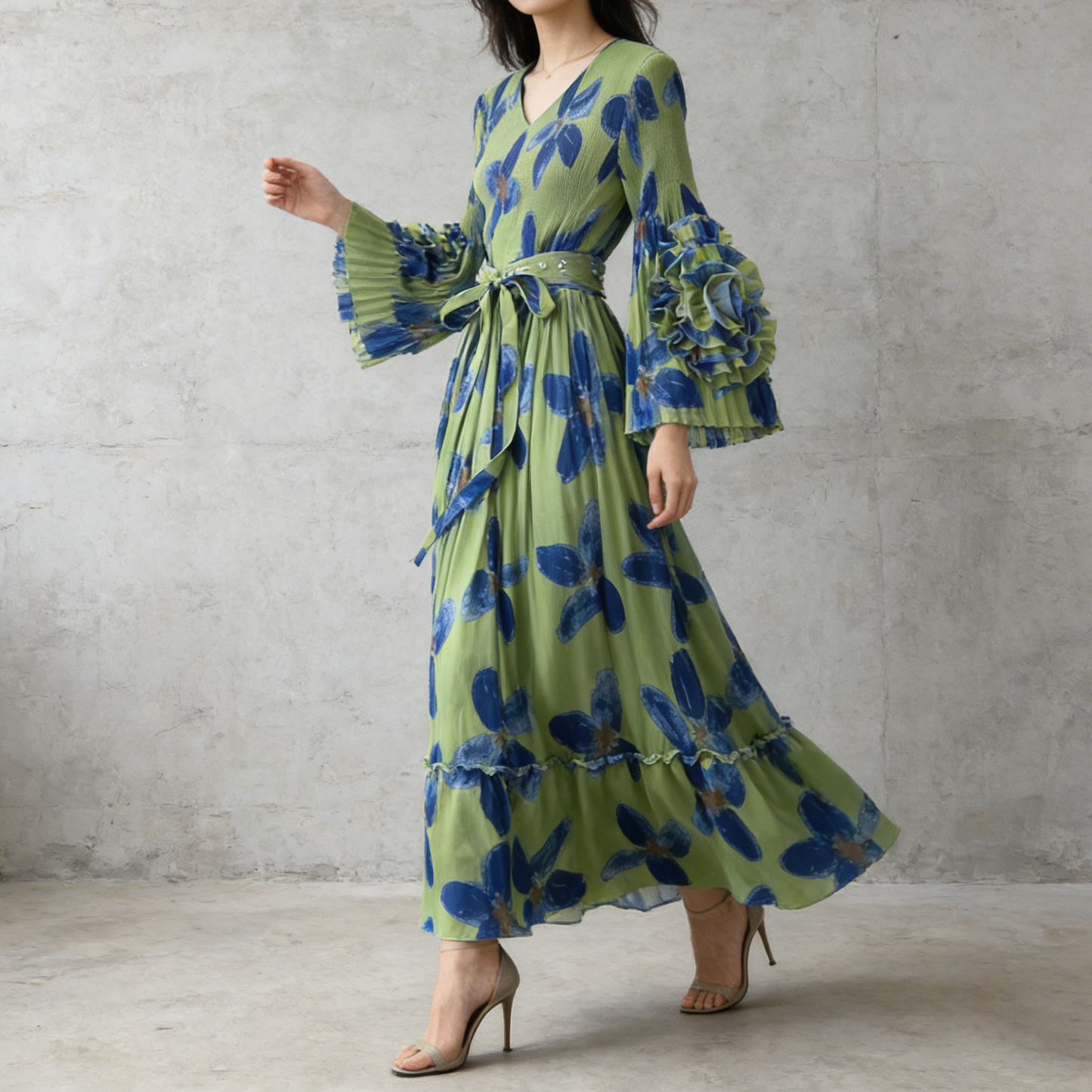 【ワンピース】フレンチ花柄ワンピース Vネック 長袖 立体フラワー フレアロング 着痩せ エレガント リゾートワンピ【SHシリーズ】