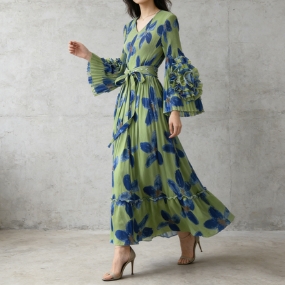 【ワンピース】フレンチ花柄ワンピース Vネック 長袖 立体フラワー フレアロング 着痩せ エレガント リゾートワンピ【SHシリーズ】