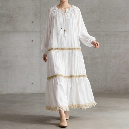 【ワンピース】一目惚れ確定！リゾート感たっぷり 民族風ロングドレス｜タッセル＆フレア袖 長袖ワンピース【SHシリーズ】