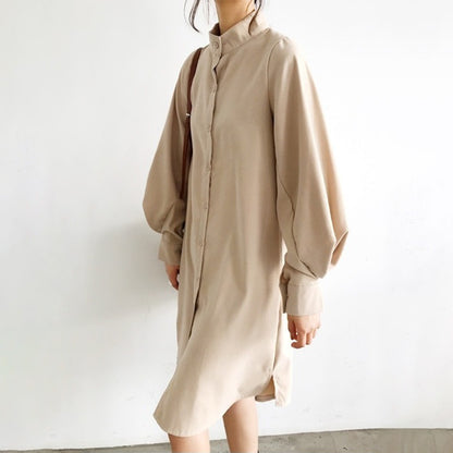 【24AW】【ワンピース】無地 スタンドネック ランタンスリーブ 長袖シャツワンピース