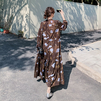 【ワンピース】ヴィンテージ風 フリルカラー 花柄 長袖ワンピース 2026春新作 小柄向け ロング丈【SHシリーズ】