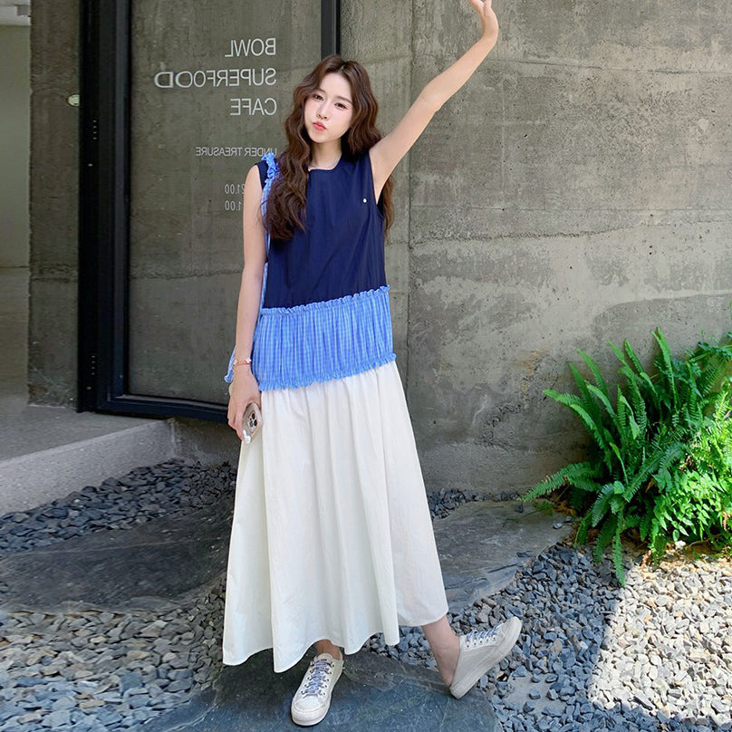 【ワンピース】夏 フレンチ風 お洒落な配色切り替え ノースリーブワンピース 文芸スタイル【SHシリーズ】