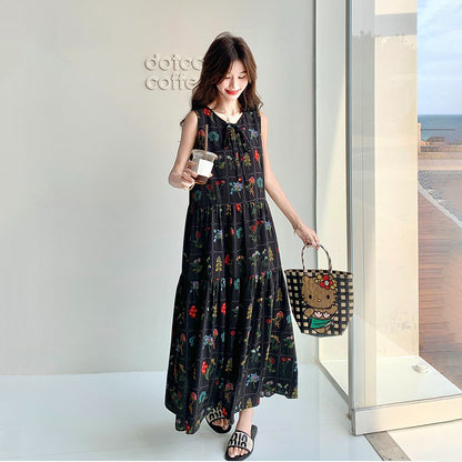 【ワンピース】刺繍プリント ビーチ ノースリーブタンクワンピース【SHシリーズ】