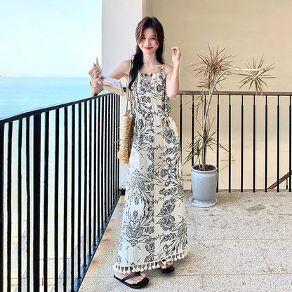 【ワンピース】ヴィンテージ水墨プリント フリンジパッチワーク リゾート風 ノースリーブワンピース【SHシリーズ】