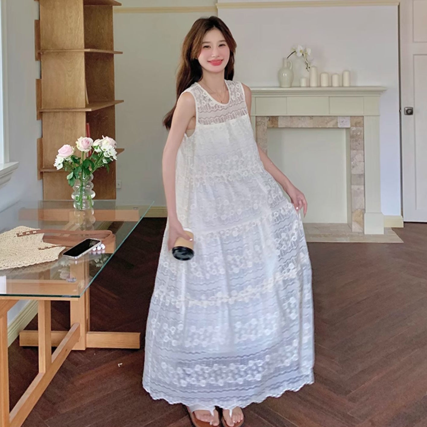 【ワンピース】夏 海辺リゾート風 レース刺繍 ロング丈 気質スタイル ノースリーブワンピース