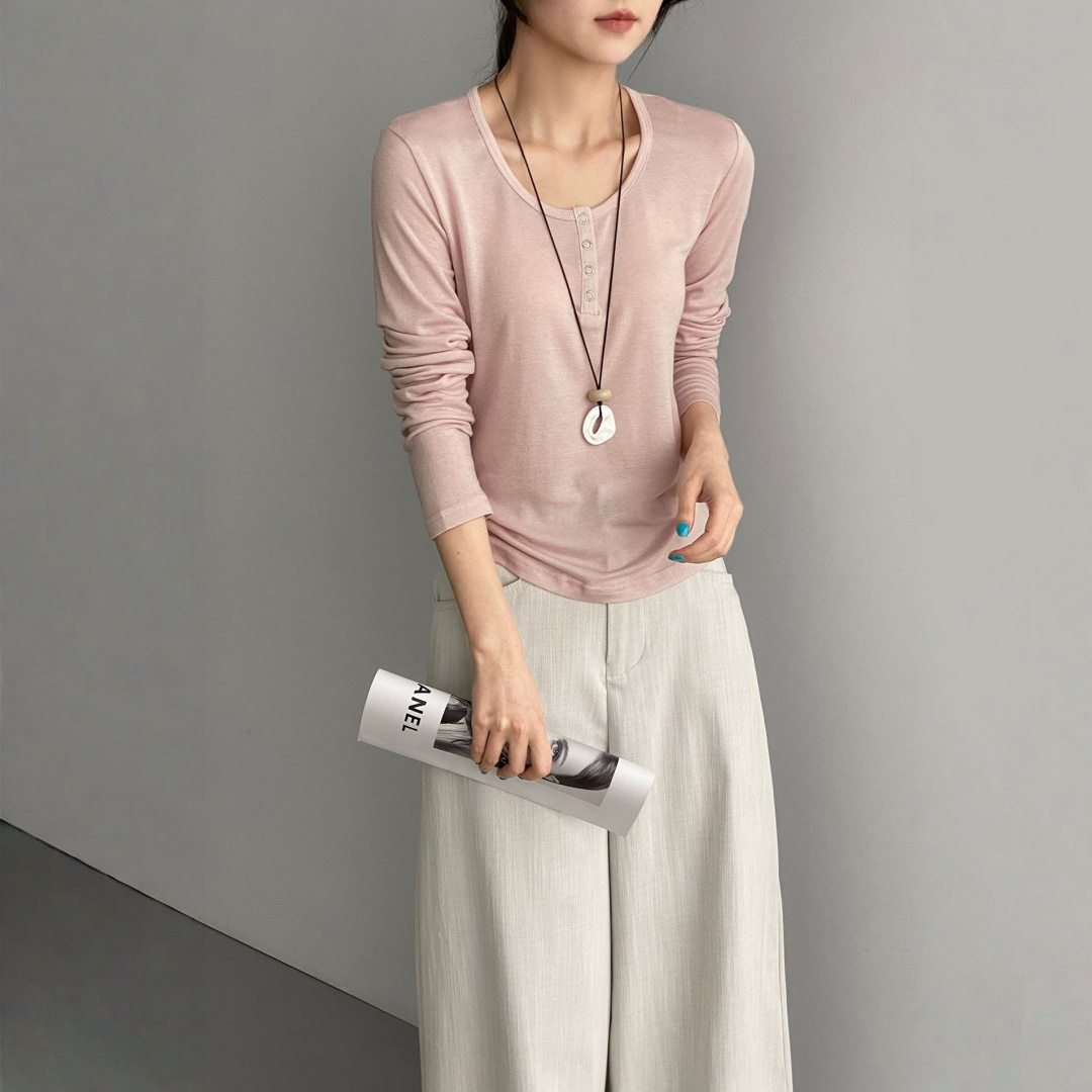 【トップス】テンセル ヘンリーネック ボタン付き 長袖Tシャツ 【JZシリーズ】