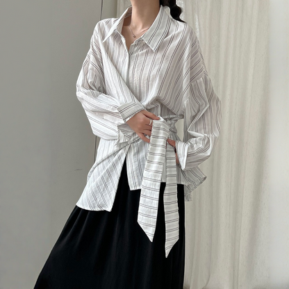 【トップス】春 秋 冬 ストライプ ウエストリボン シャツ 【JZシリーズ】