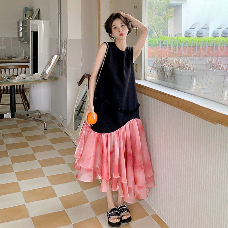 【ワンピース】高見え ノースリーブ花柄切替ワンピース トレンド感ある上品な美シルエット【SHシリーズ】