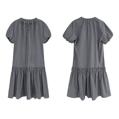 【ワンピース】韓国風 リボン付き パフスリーブ バルーンシルエット ロングワンピース 夏 着痩せ効果 半袖ドレス【JZシリーズ】