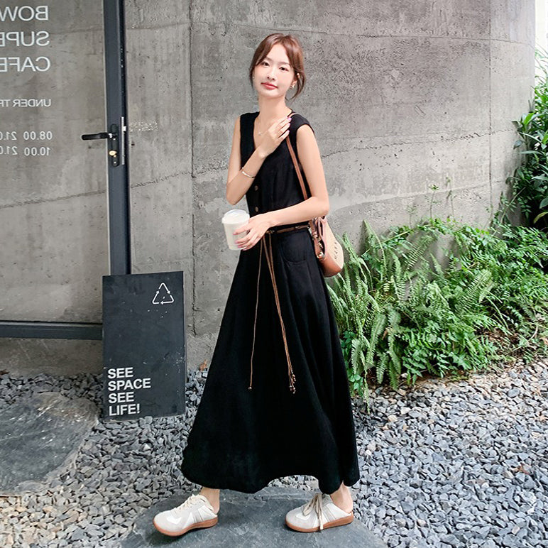 【ワンピース】 上品Vネック ノースリーブワンピース レディース 夏 フレンチ風 大人っぽ 高級感 ウエストマーク細見え ロング丈ドレス【JZシリーズ】